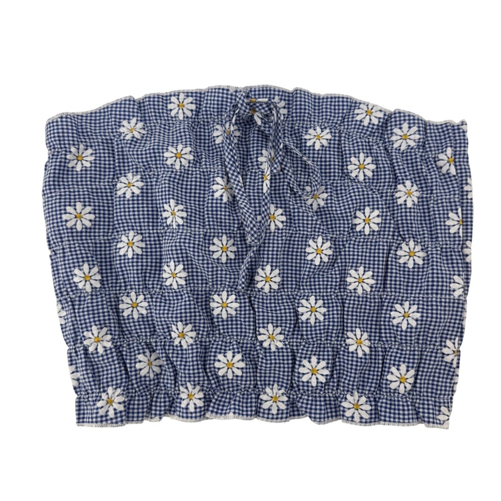 Blue Gingham Daisy Smocked Tube Top Strapless Floral Picnic Crop Top Women SHEIN